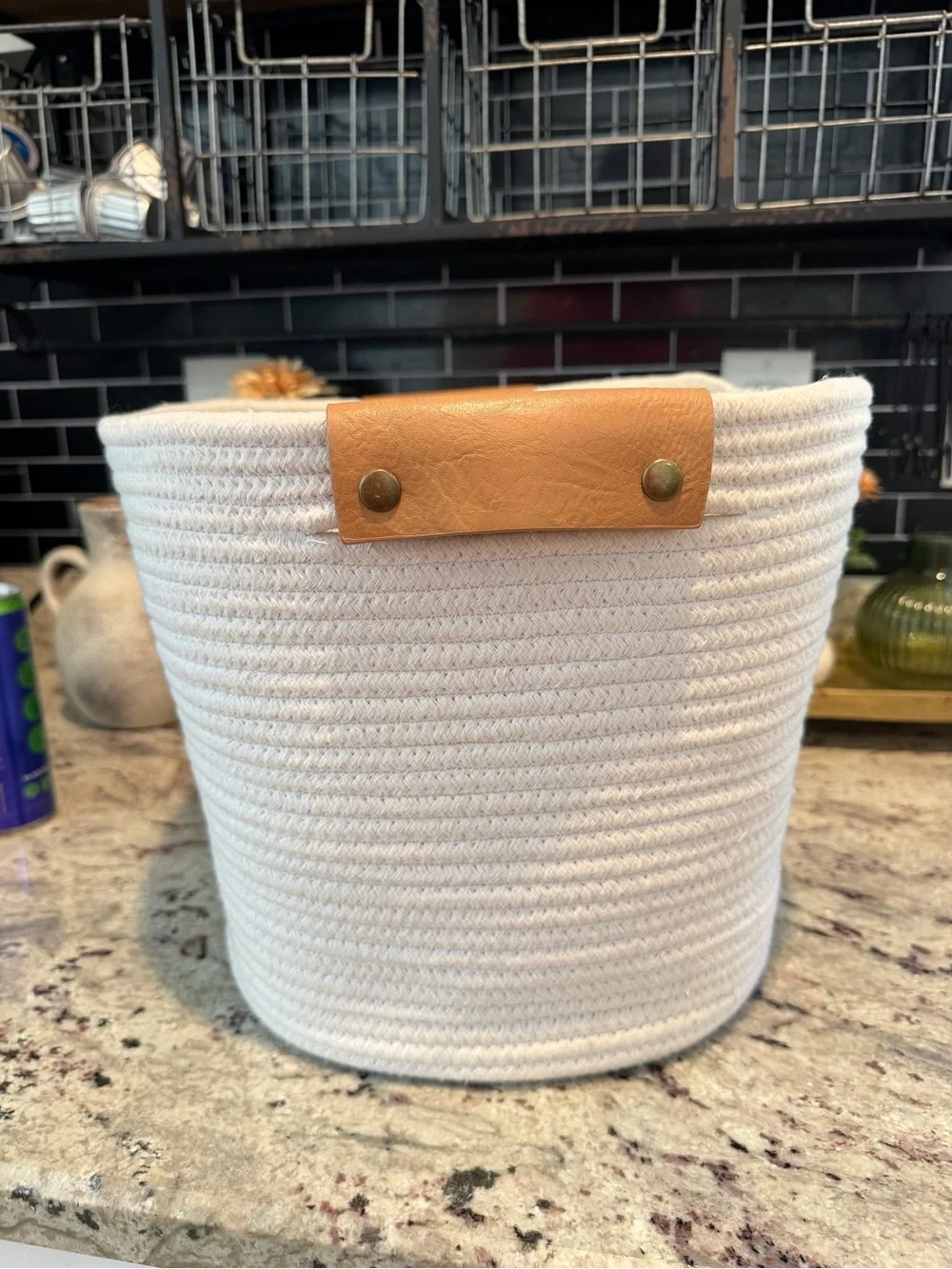 Cream Rope Storage Basket with Leather Handles
